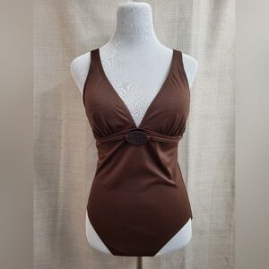 Lands' End Women's Swimsuit One Piece Chocolate Brown Padded Bra Lined Size 10